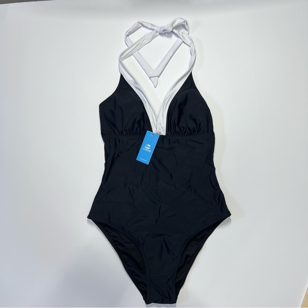 Cupshe One Piece Swimsuit Black White Halter Medium NWT Tummy Control